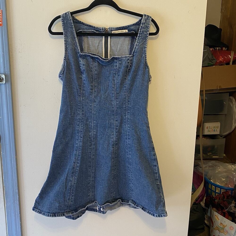 Women L Abercrombie & Fitch Square Neck Fitted Blue Denim Mini Dress Sleeveless - Picture 6 of 9